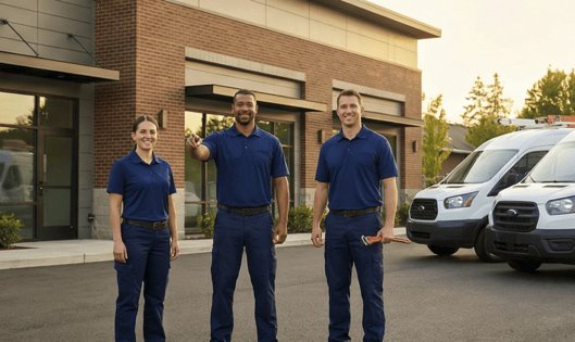 Beaverton Plumbing Experts team of licensed plumbers standing with service vehicles